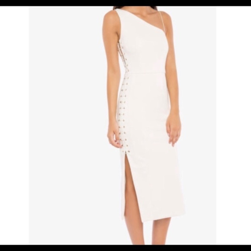 MISHA strech lace up sides midi dress one shoulder white size medium M cut out - Picture 3 of 15
